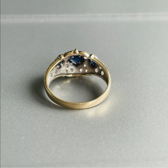 Estate 14k Gold Sapphire & Diamonique Cubic Zirconia Dome Ring - Picture 10 of 11